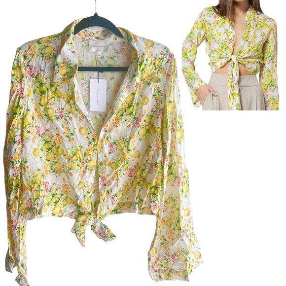 NEW Line &amp; Dot Fruiti Floral Bell Sleeve Tie Front TOP Women's LG Lemons Italy